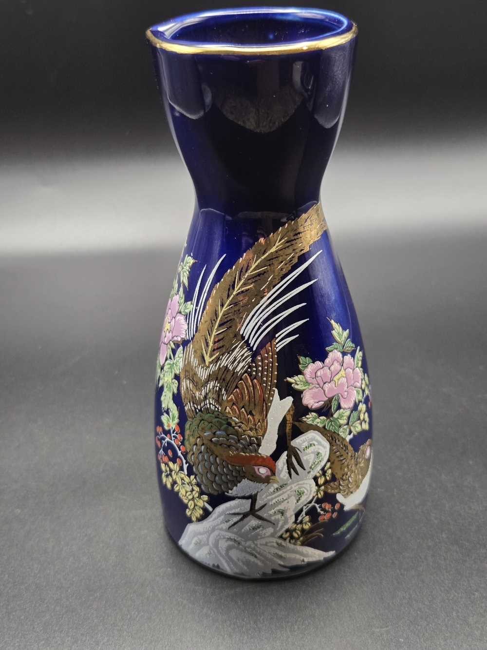 Vintage Japanese Porcelain Cobalt Blue Peacock Design Sake Bottle